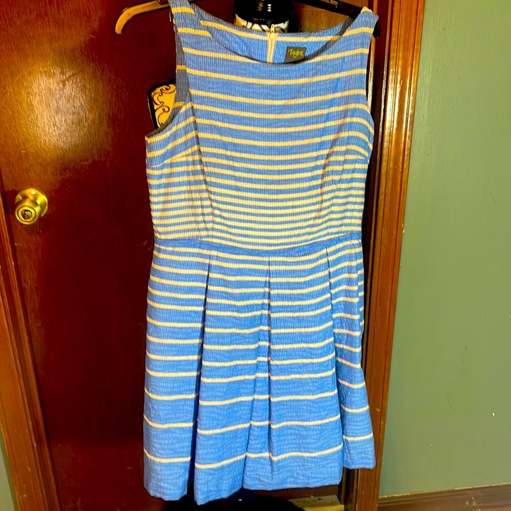 Women blue and cream flare sleeveless dress